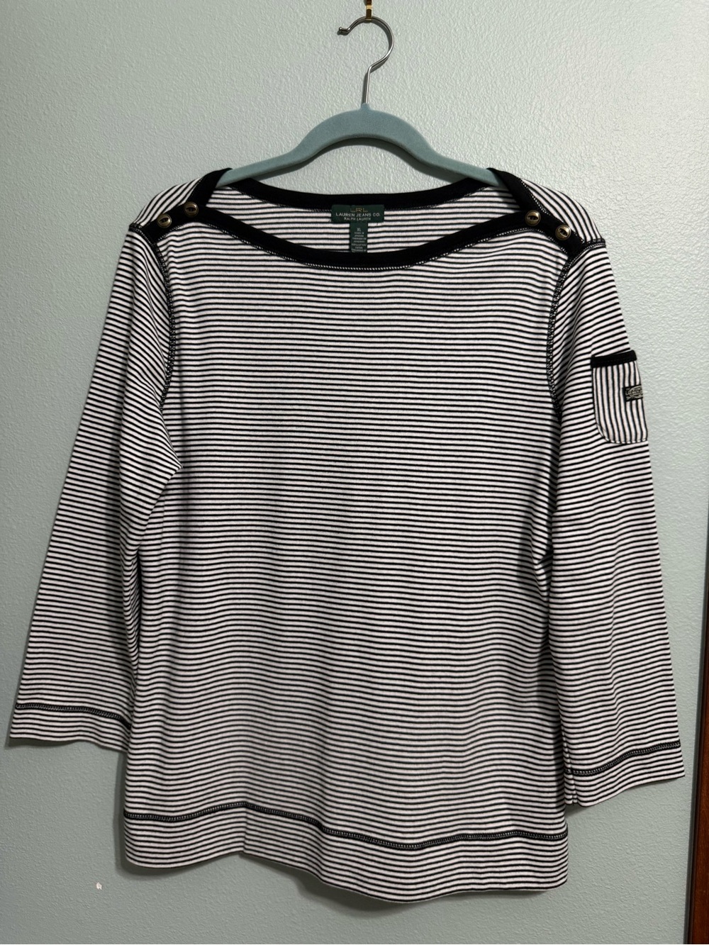 Ralph Lauren Black & White Striped Boatneck Top with Shoulder Buttons